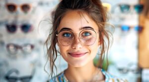 Uśmiechnięta młoda dziewczyna przymierza okulary w salonie optycznym.